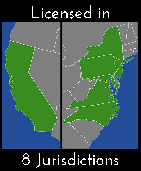 Map highlighting CA, NY, NJ, PA, MD, DC, VA and NC